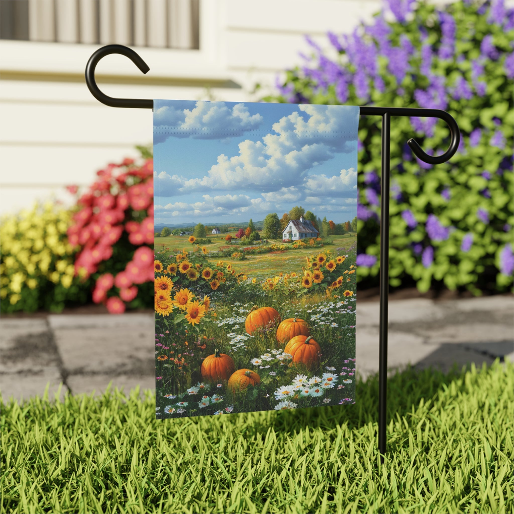 Farm Cottage Pumpkins Garden Flag - outdoor display - Dragonfire Gardens
