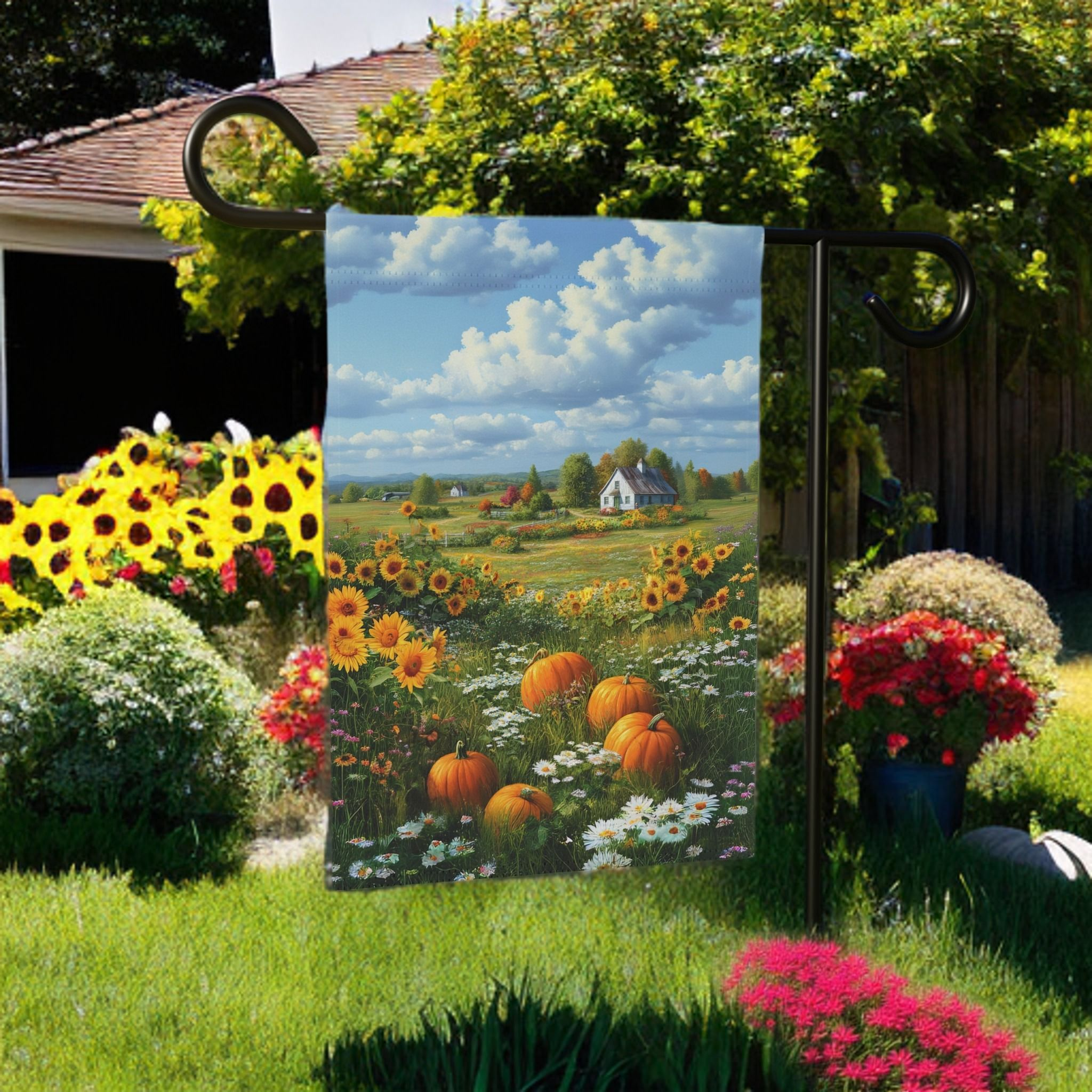 Farm Cottage Pumpkins Garden Flag - lifestyle display - Dragonfire Gardens