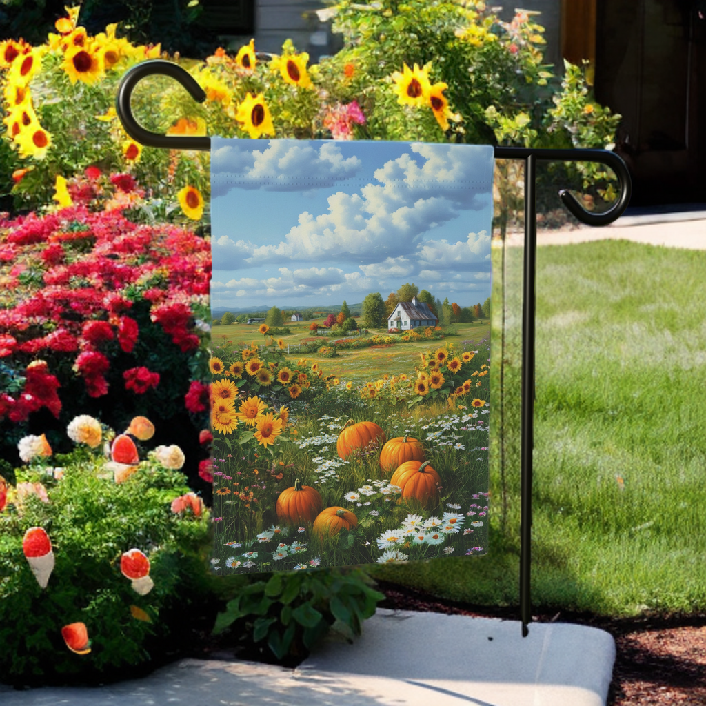 Farm Cottage Pumpkins Garden Flag - front view - Dragonfire Gardens
