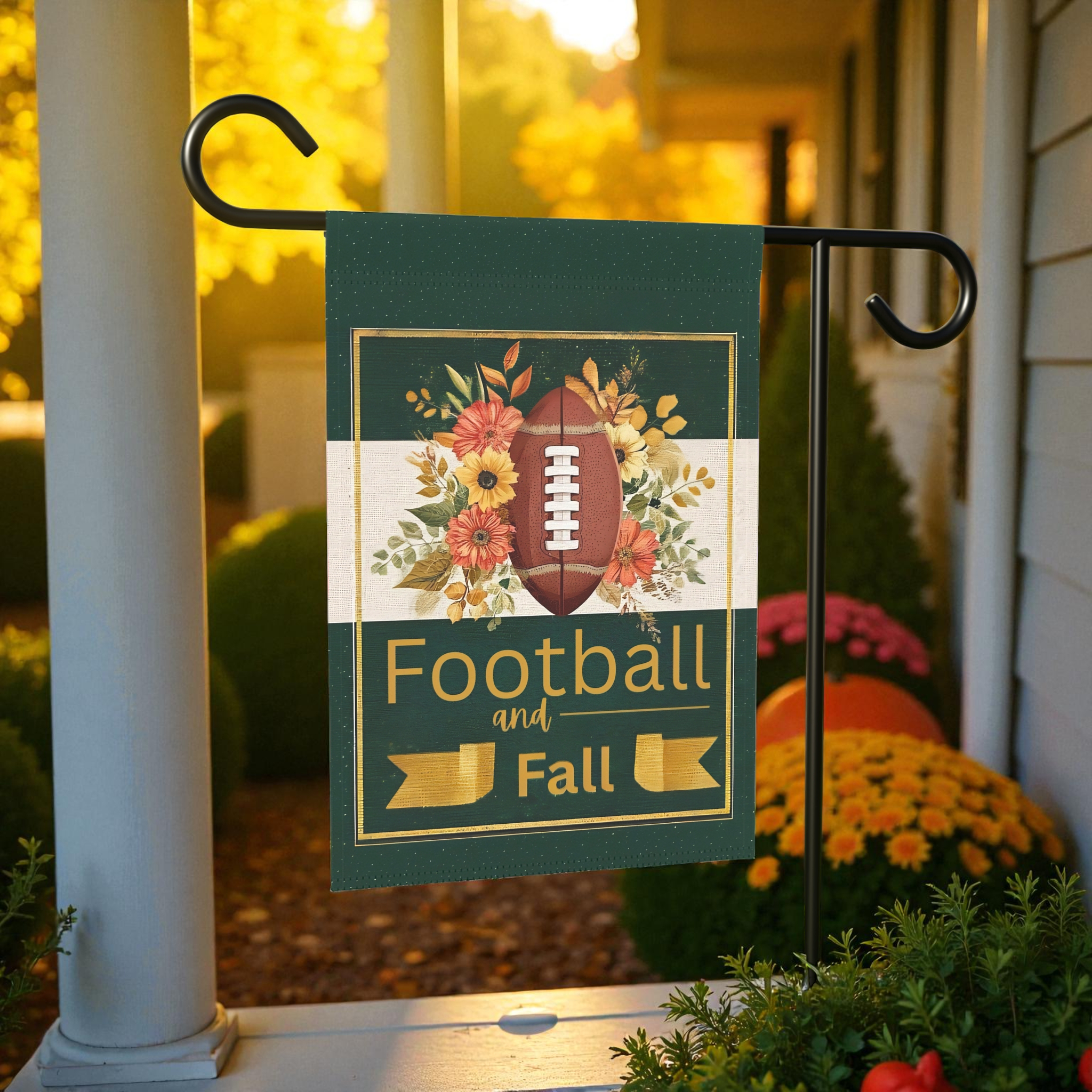 Football and Fall Garden Flag - lifestyle display - Dragonfire Gardens