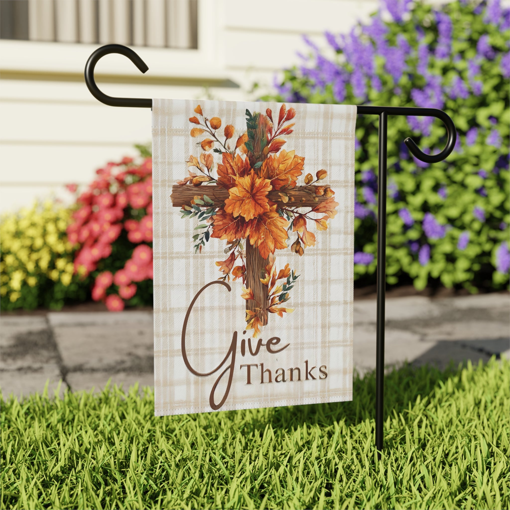 Give Thanks Autumn Cross Garden Flag - outdoor display - Dragonfire Gardens