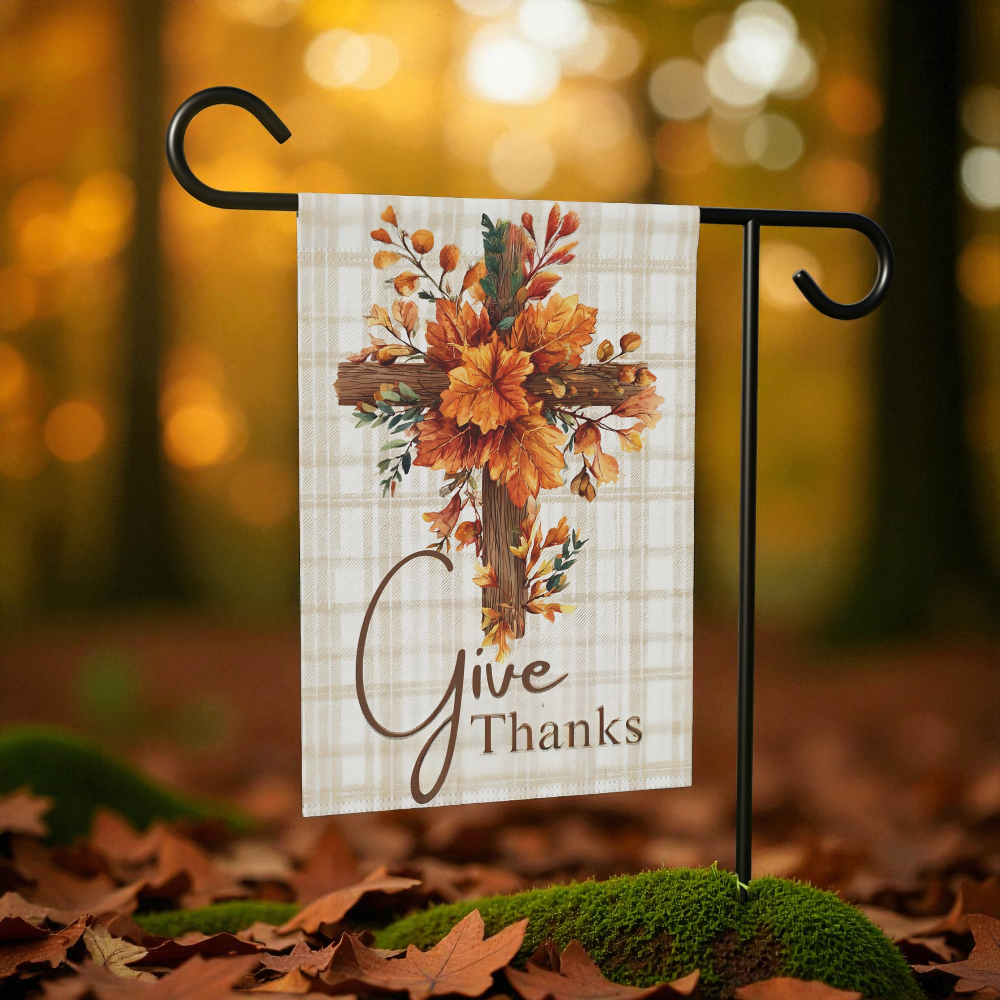 Give Thanks Autumn Cross Garden Flag - front view - Dragonfire Gardens