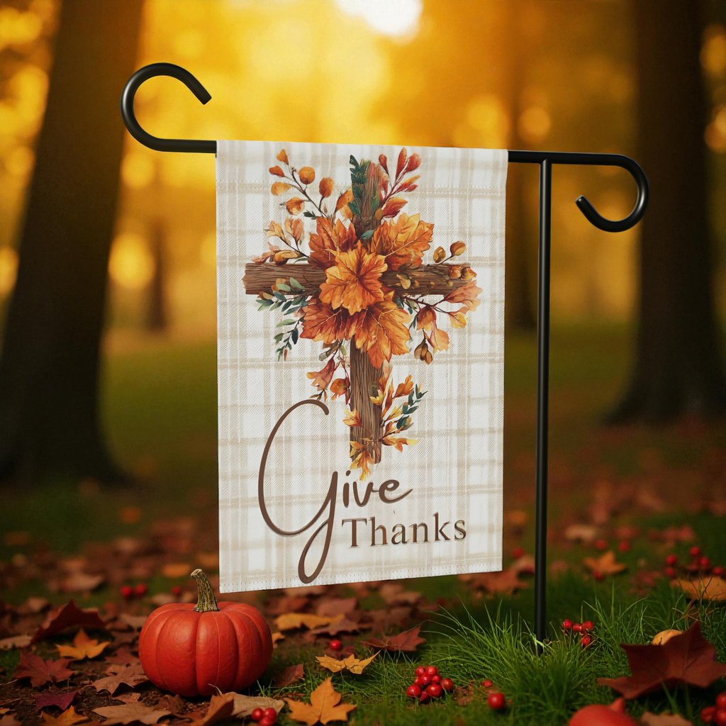Give Thanks Autumn Cross Garden Flag - size comparison - Dragonfire Gardens
