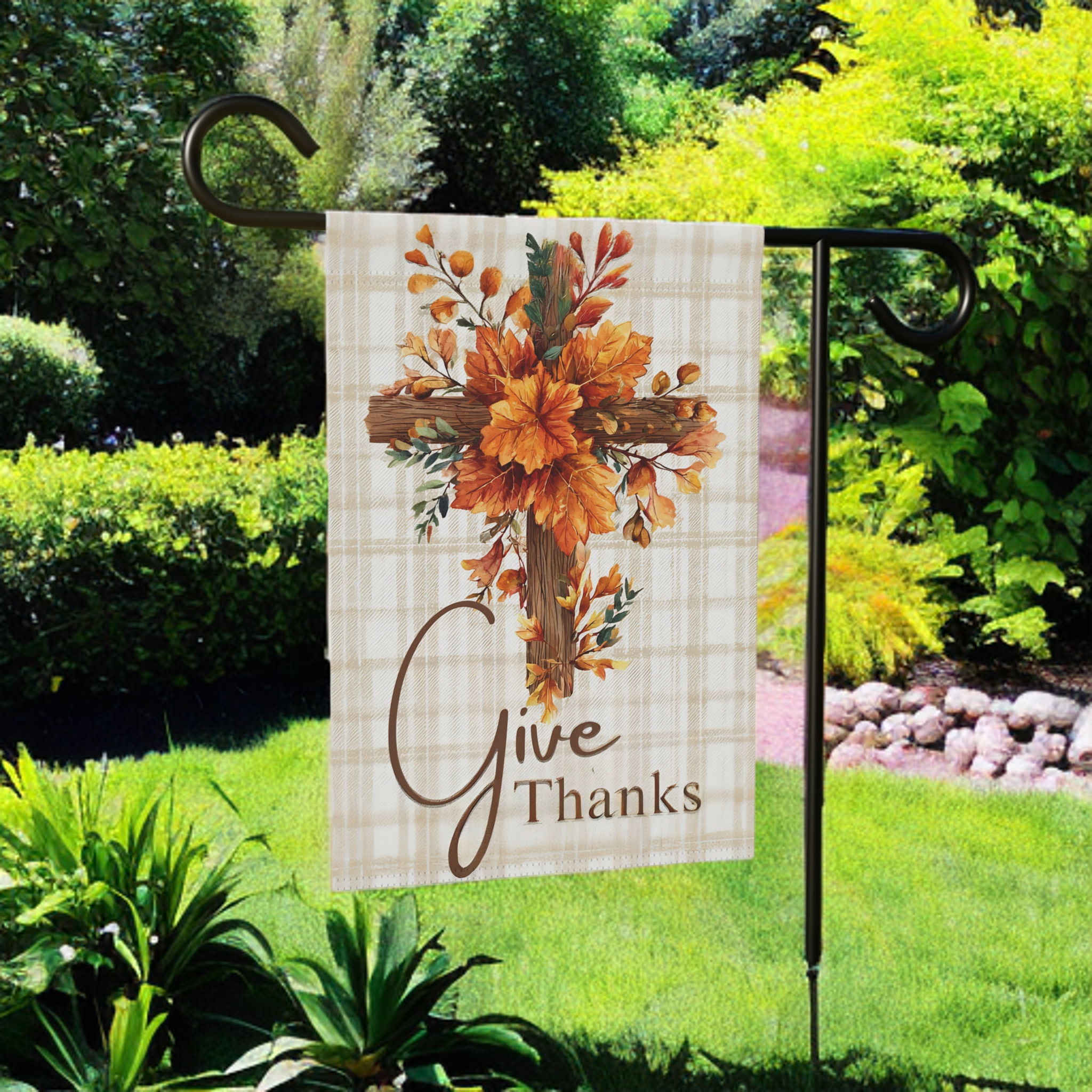 Give Thanks Autumn Cross Garden Flag - product detail - Dragonfire Gardens