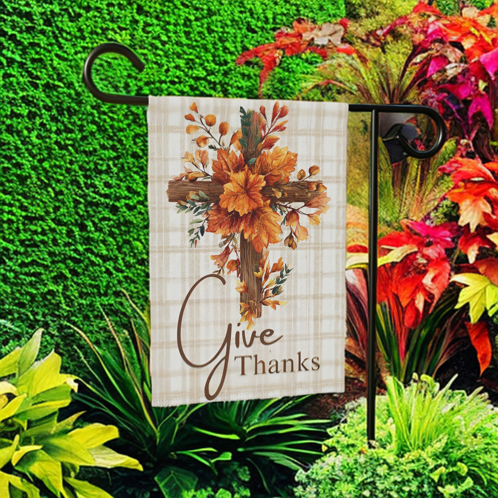 Give Thanks Autumn Cross Garden Flag - lifestyle display - Dragonfire Gardens