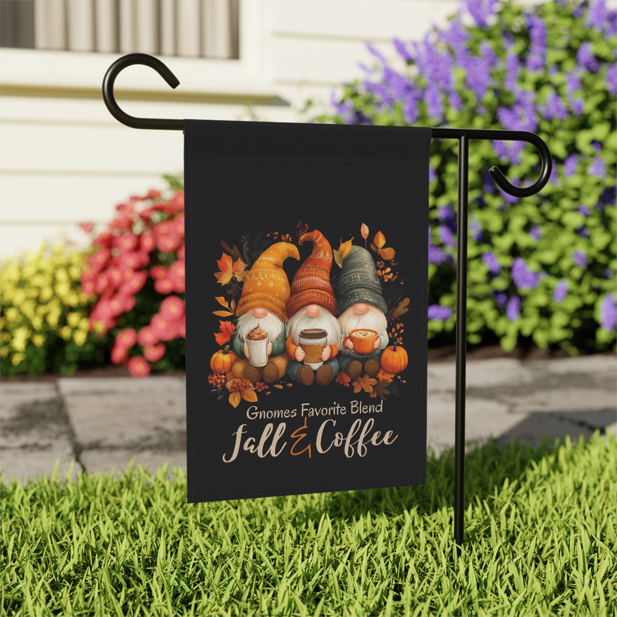 Gnomes and Coffee Fall Garden Flag
