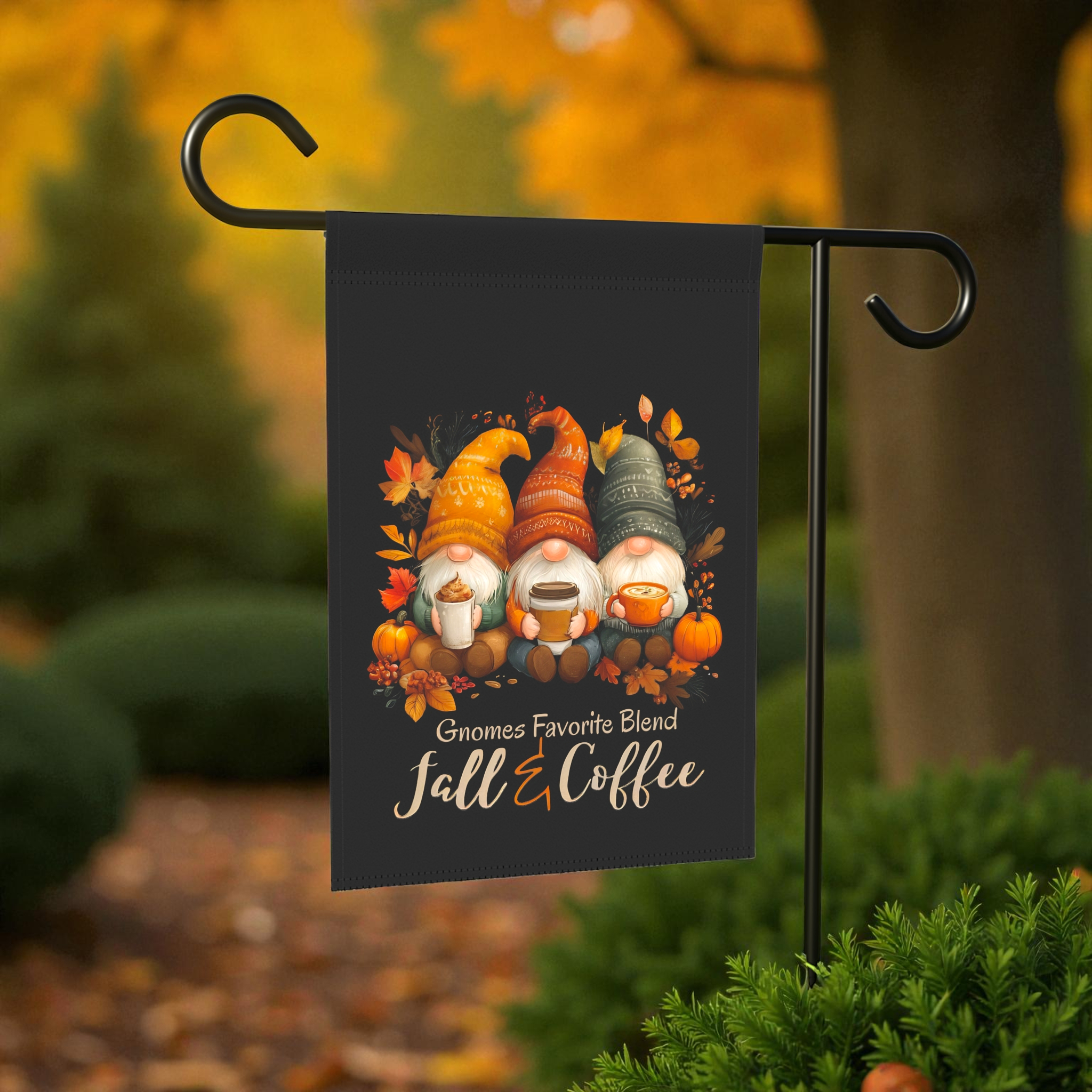 Gnomes and Coffee Fall Garden Flag