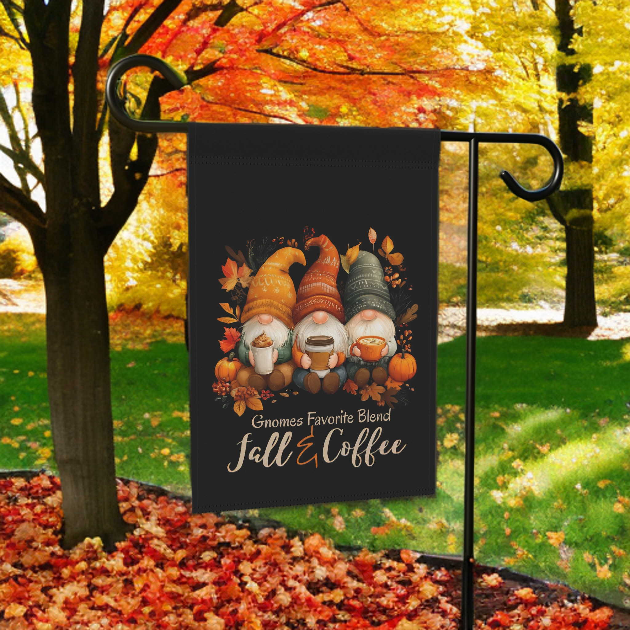 Gnomes and Coffee Fall Garden Flag