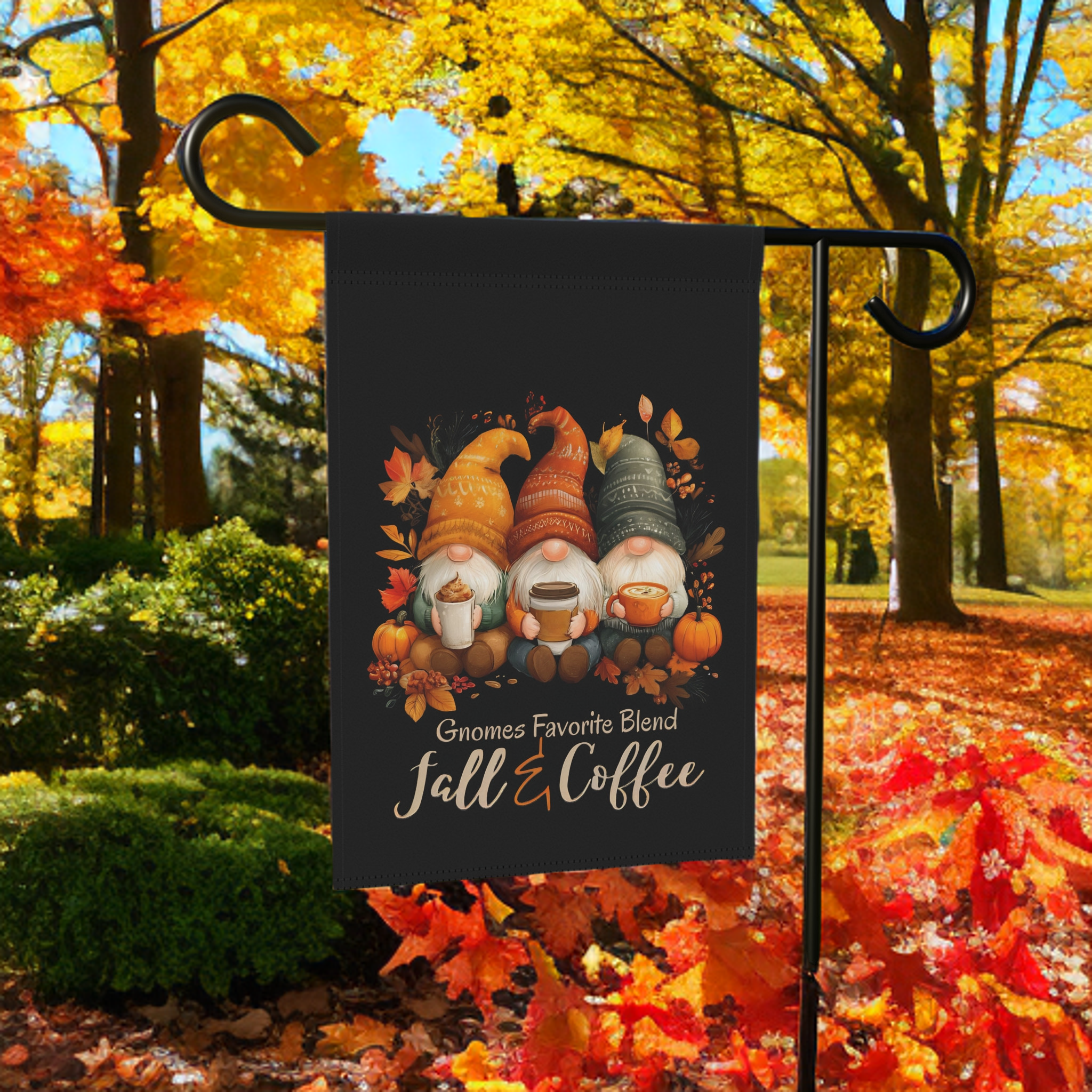 Gnomes and Coffee Fall Garden Flag