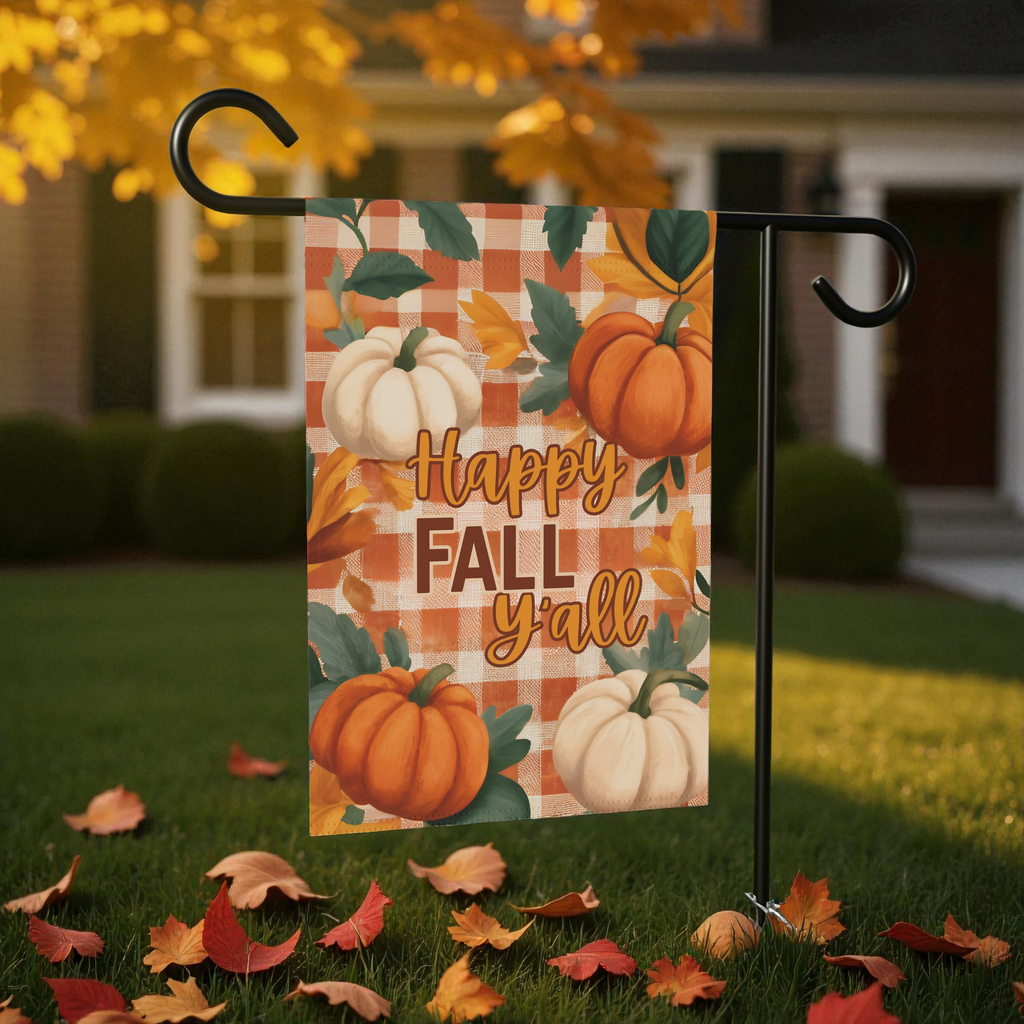 Happy Fall Y'all With Pumpkins Garden Flag - front view - Dragonfire Gardens