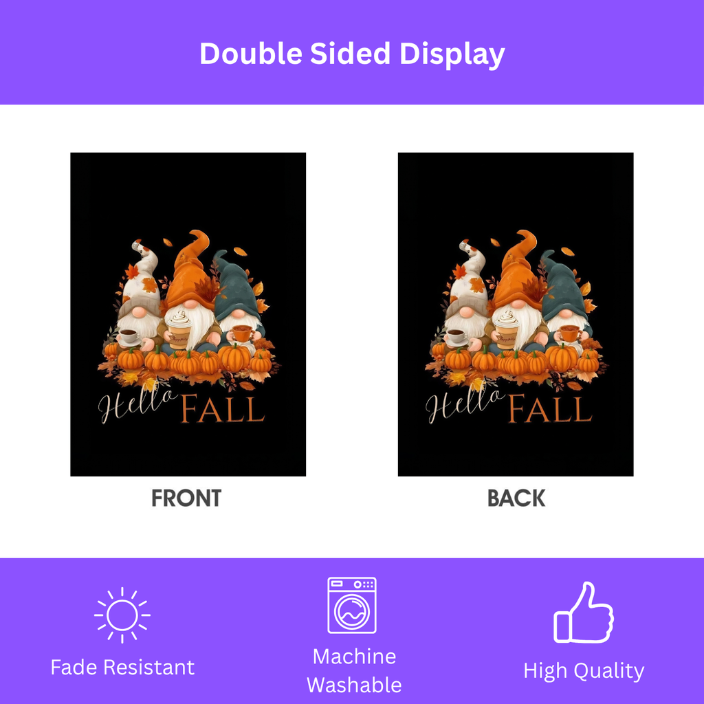 Hello Fall Gnomes Garden Flag - double-sided design - Dragonfire Gardens