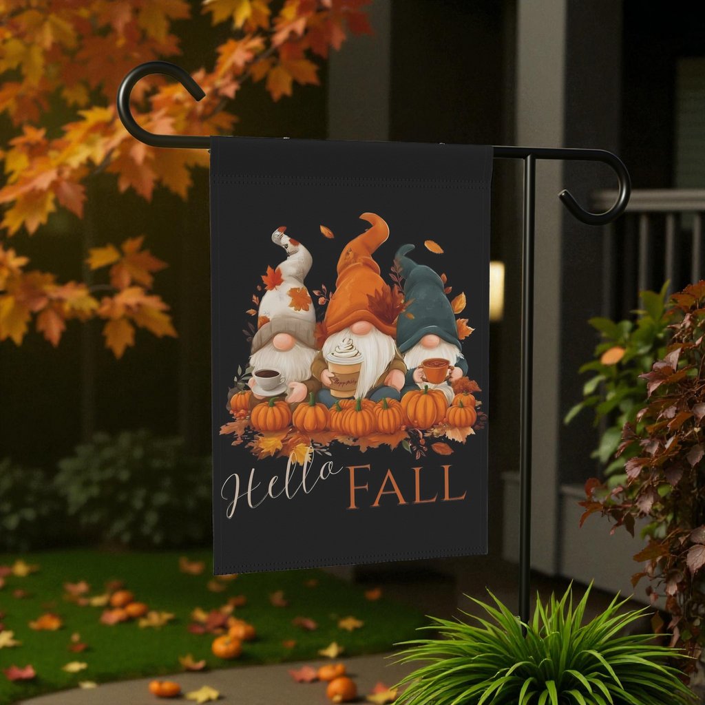 Hello Fall Gnomes Garden Flag - size comparison - Dragonfire Gardens