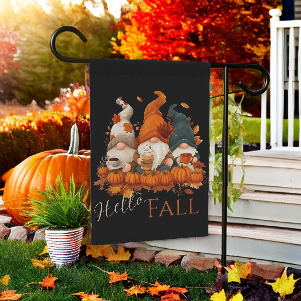 Hello Fall Gnomes Garden Flag - front view - Dragonfire Gardens