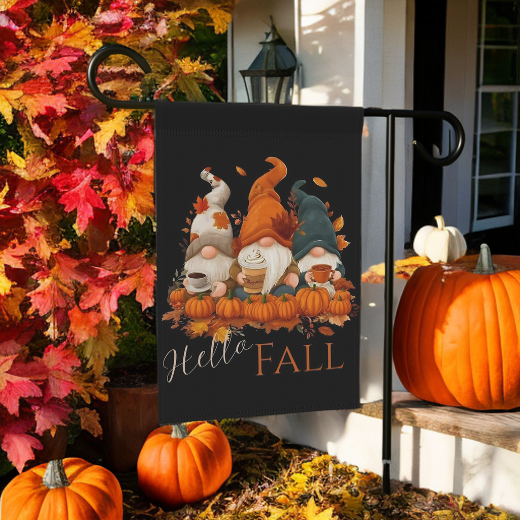 Hello Fall Gnomes Garden Flag - lifestyle display - Dragonfire Gardens