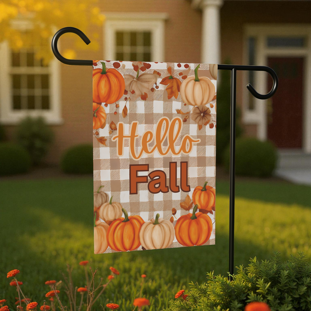 Hello Fall Pumpkin Garden Flag - size comparison - Dragonfire Gardens