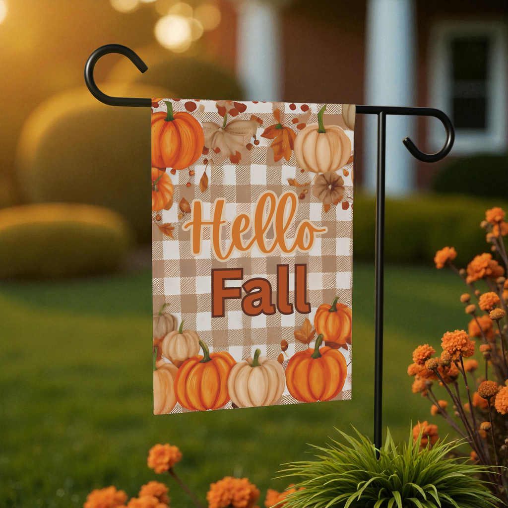 Hello Fall Pumpkin Garden Flag - front view - Dragonfire Gardens
