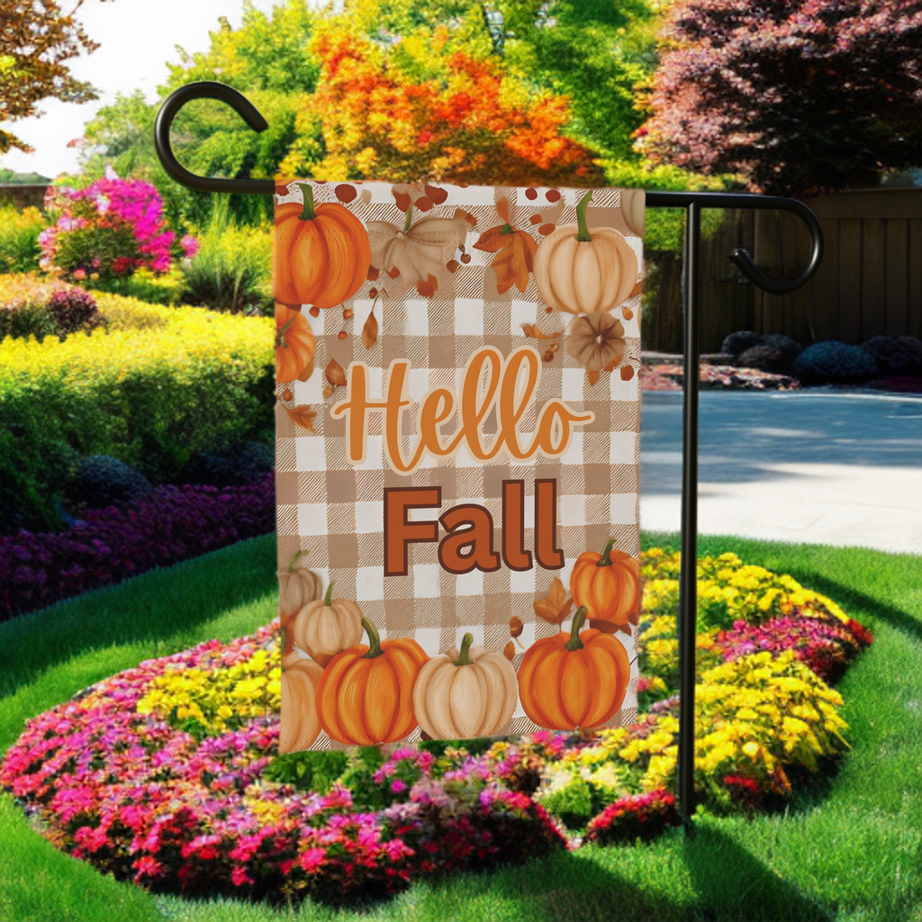 Hello Fall Pumpkin Garden Flag - lifestyle display - Dragonfire Gardens