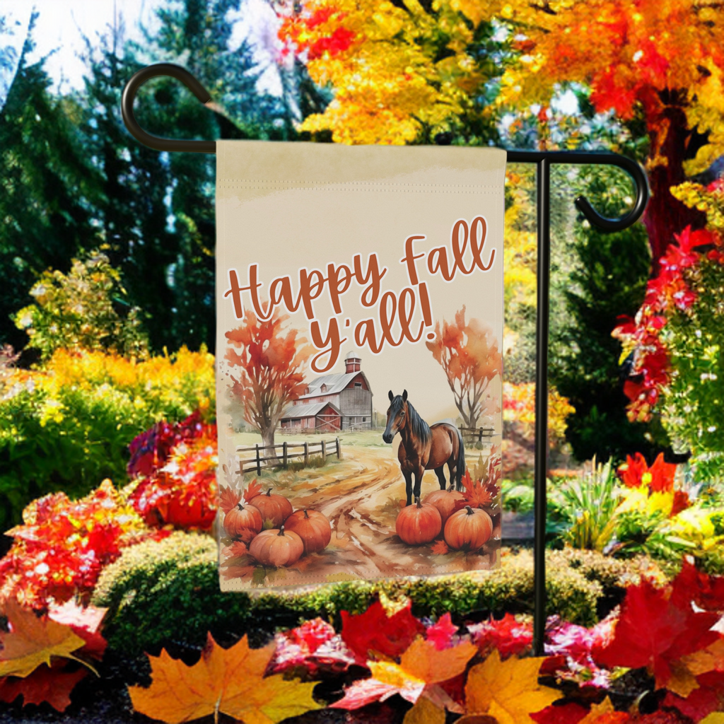 Horse and Fall Pumpkins Garden Flag - lifestyle display - Dragonfire Gardens