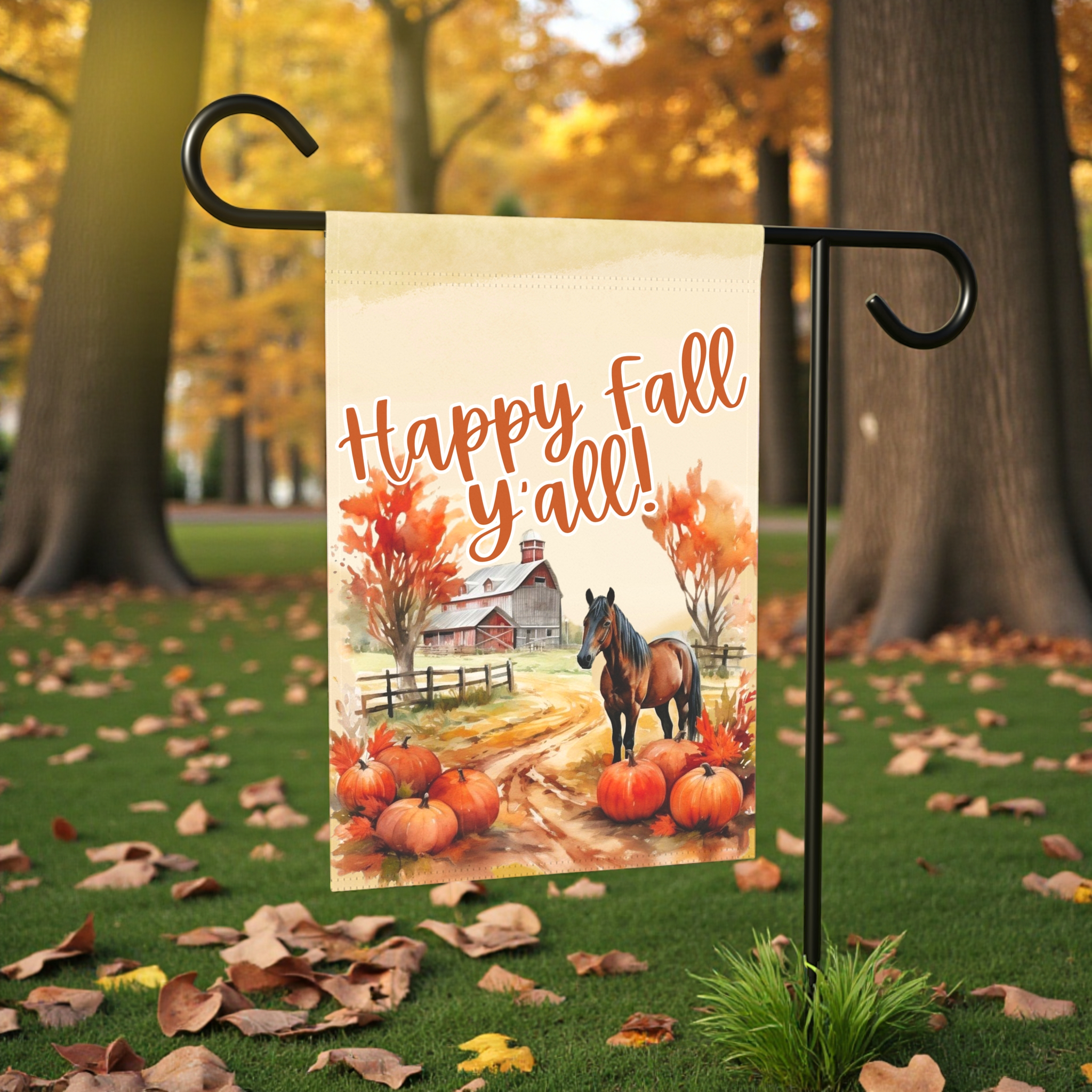 Horse and Fall Pumpkins Garden Flag - product detail - Dragonfire Gardens