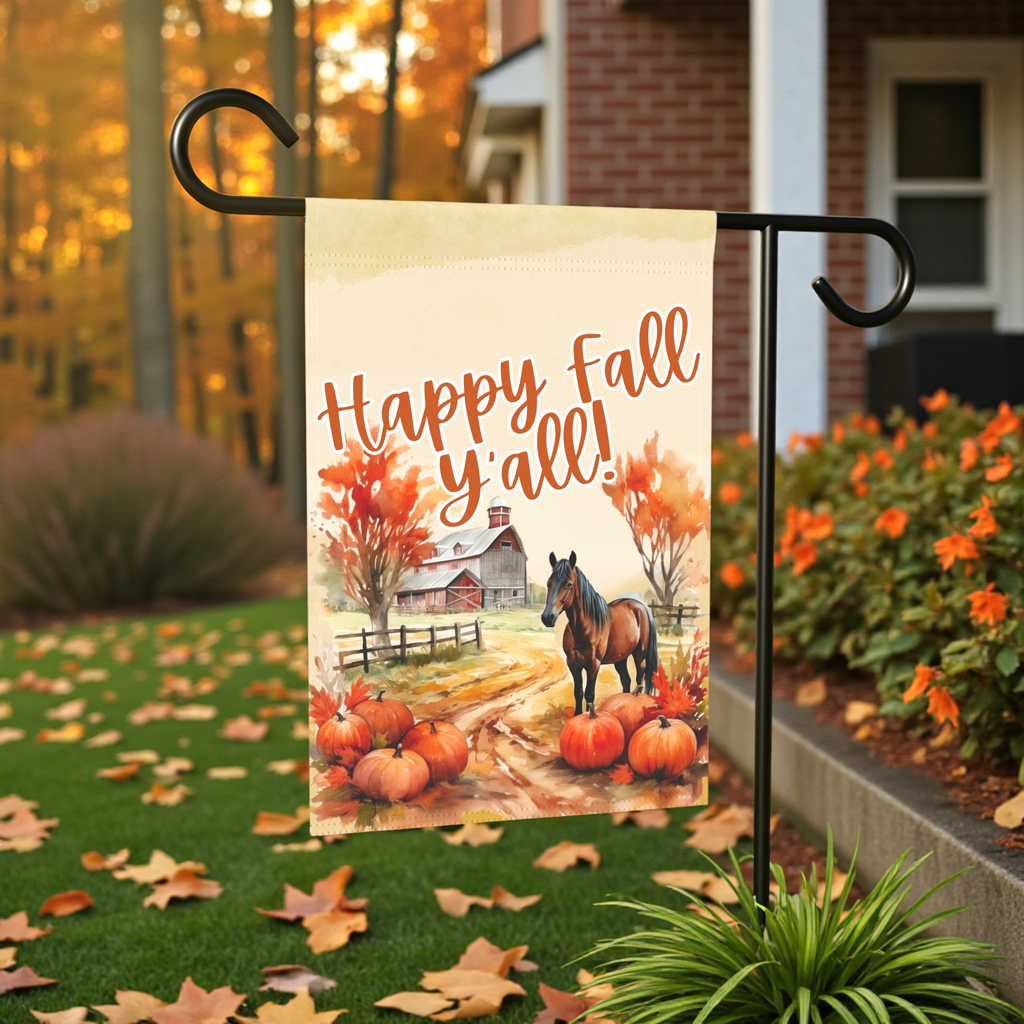 Horse and Fall Pumpkins Garden Flag - front view - Dragonfire Gardens