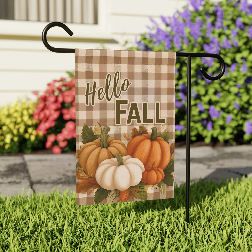 Plaid Hello Fall Garden Flag - outdoor display - Dragonfire Gardens