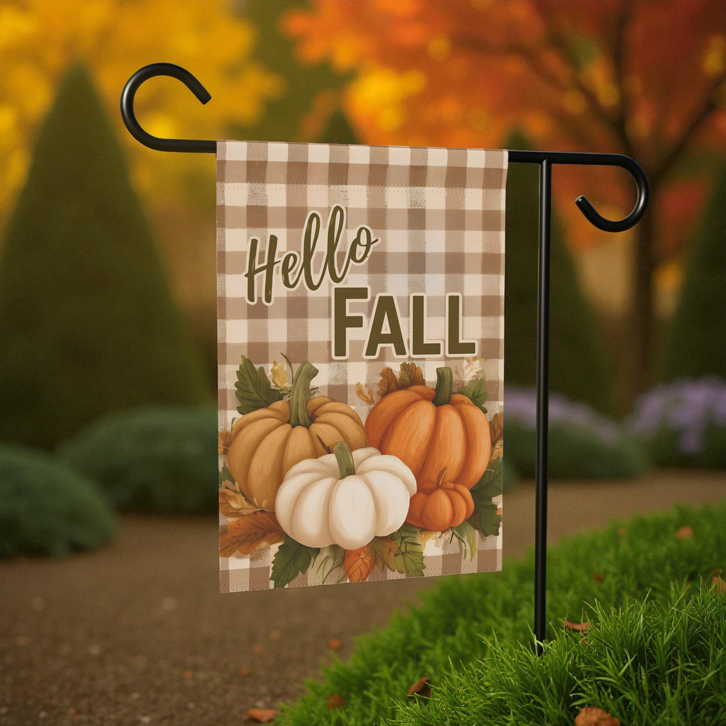 Plaid Hello Fall Garden Flag - size comparison - Dragonfire Gardens