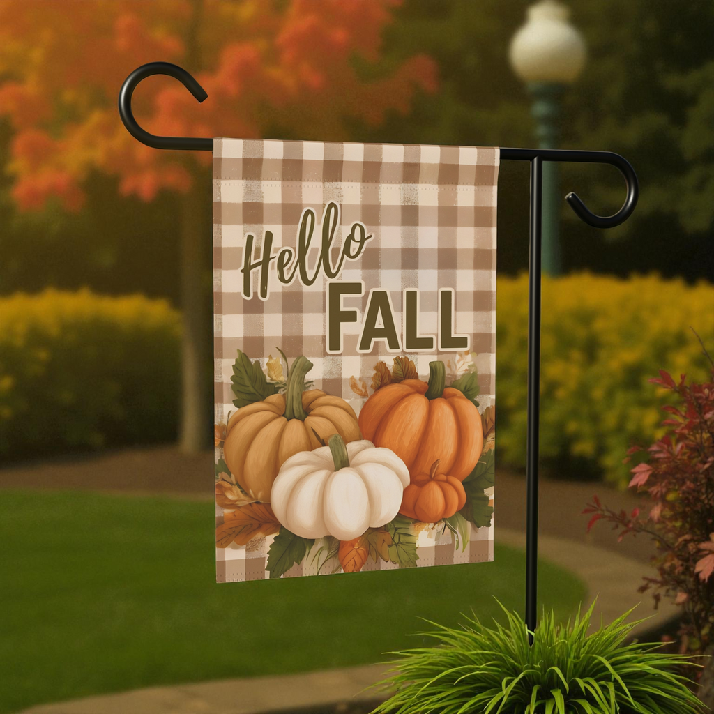 Plaid Hello Fall Garden Flag - front view - Dragonfire Gardens