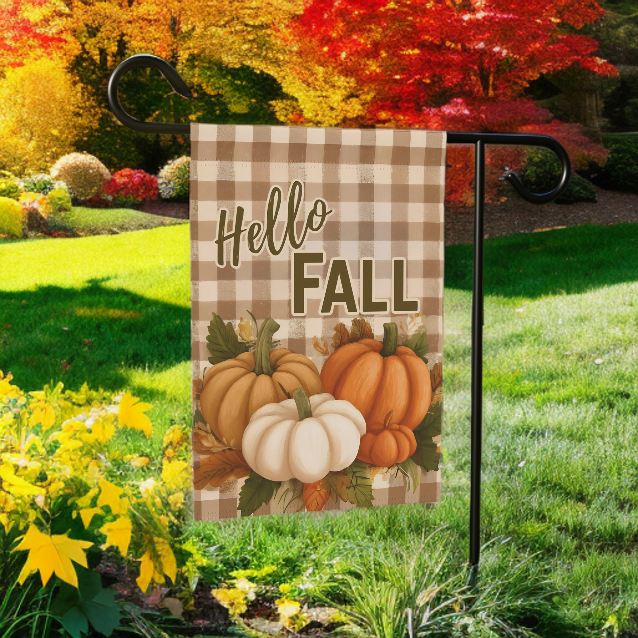 Plaid Hello Fall Garden Flag - lifestyle display - Dragonfire Gardens