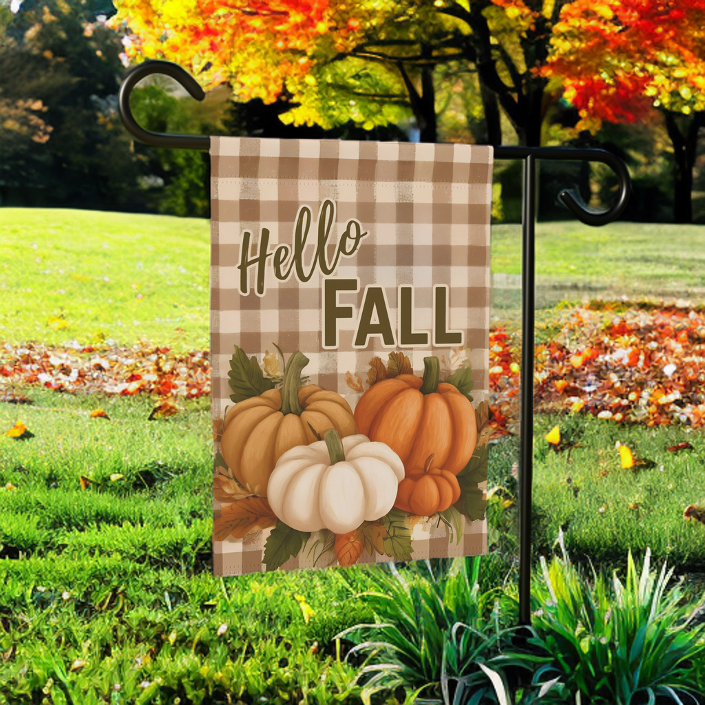 Plaid Hello Fall Garden Flag - product detail - Dragonfire Gardens