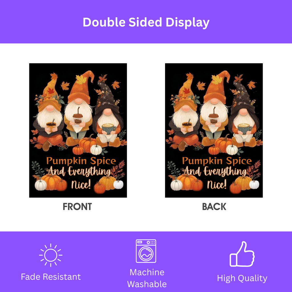 Pumpkin Spice Gnome Garden Flag - double-sided design - Dragonfire Gardens