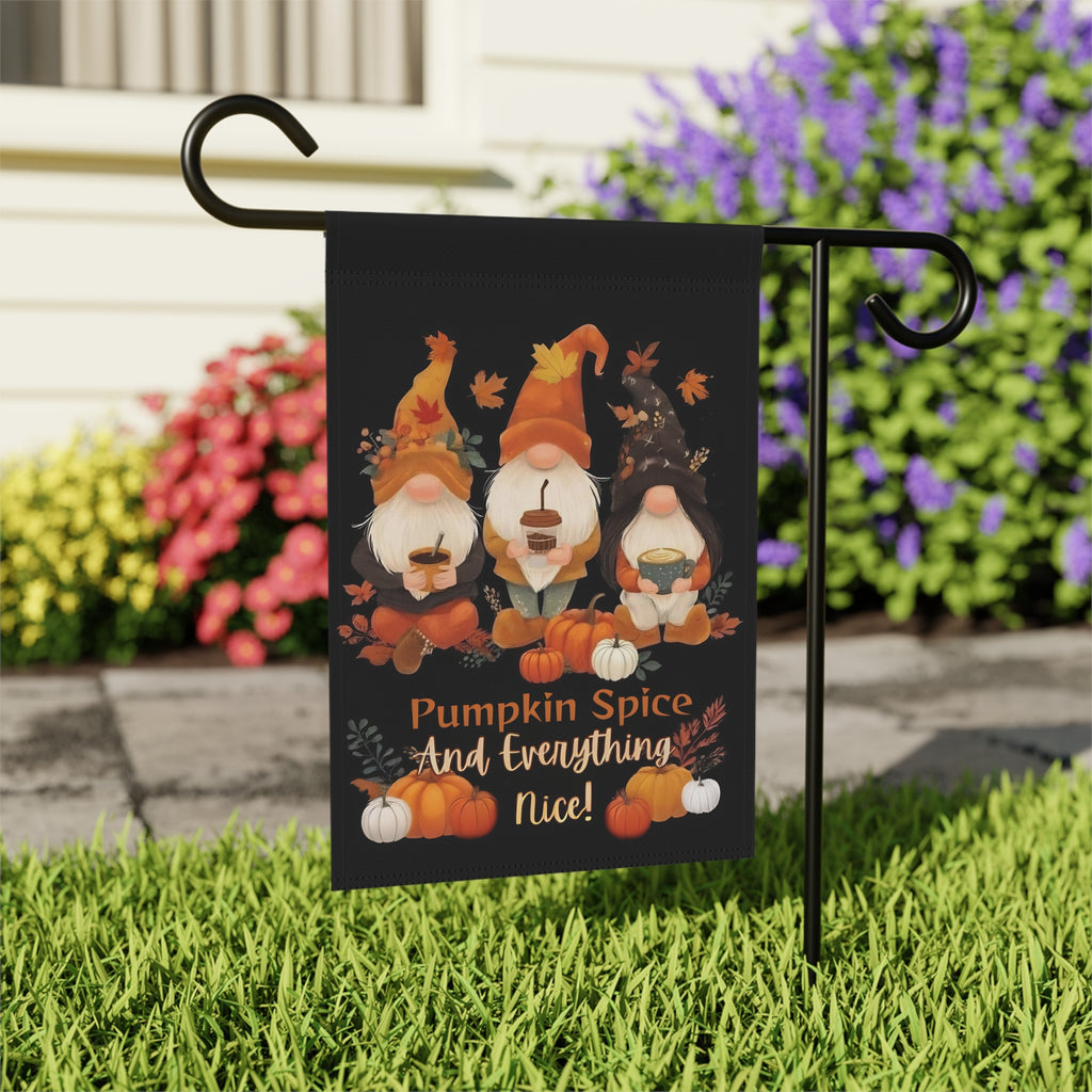 Pumpkin Spice Gnome Garden Flag - outdoor display - Dragonfire Gardens
