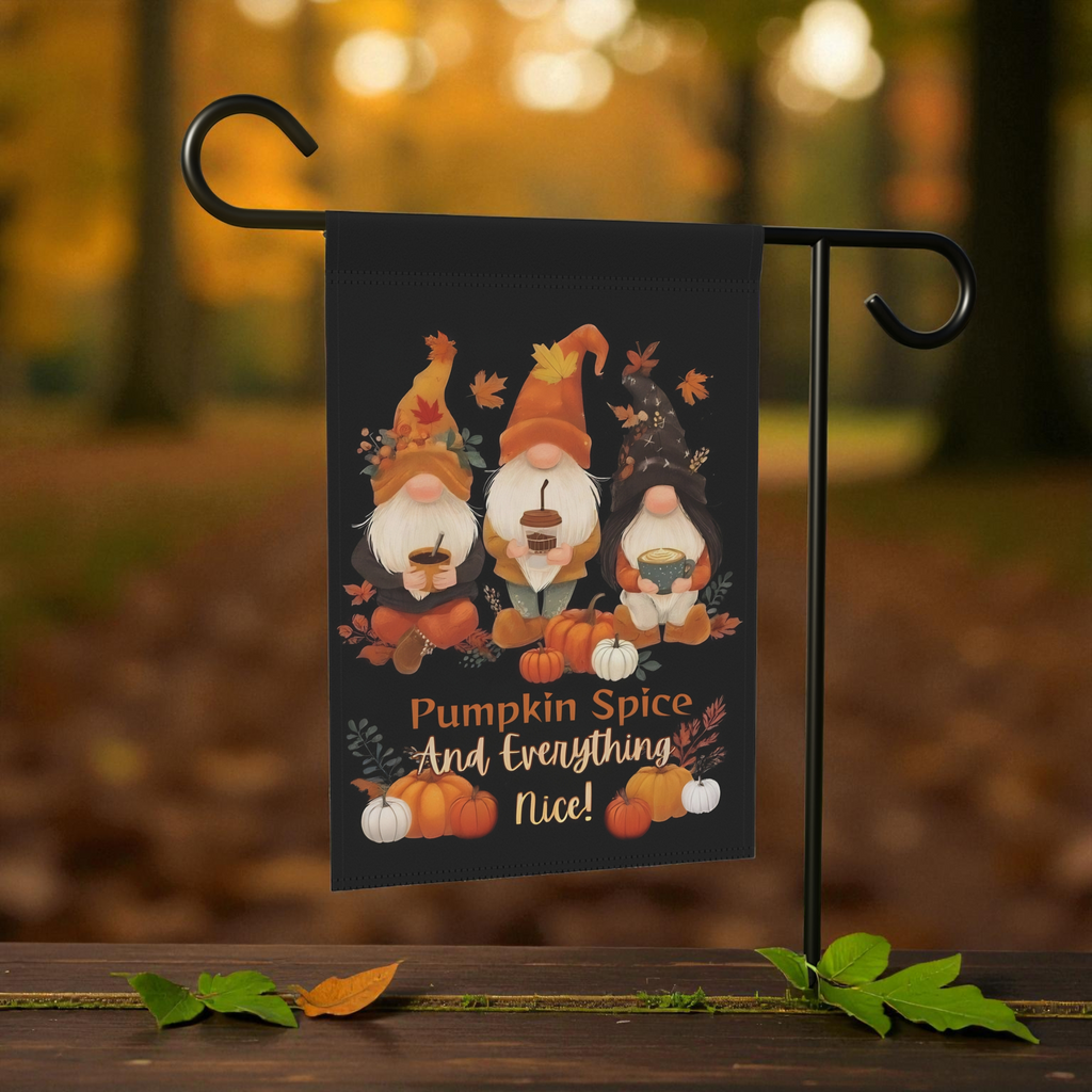 Pumpkin Spice Gnome Garden Flag - size comparison - Dragonfire Gardens