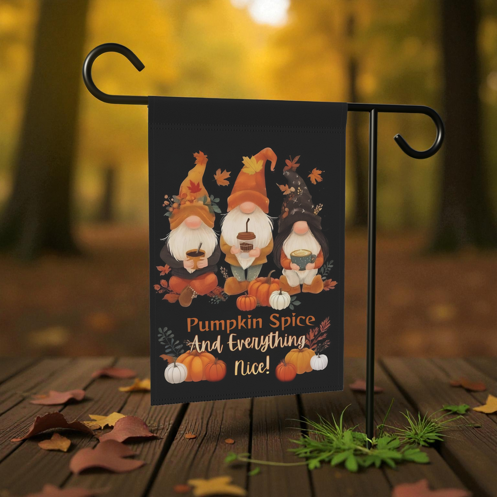 Pumpkin Spice Gnome Garden Flag - lifestyle display - Dragonfire Gardens