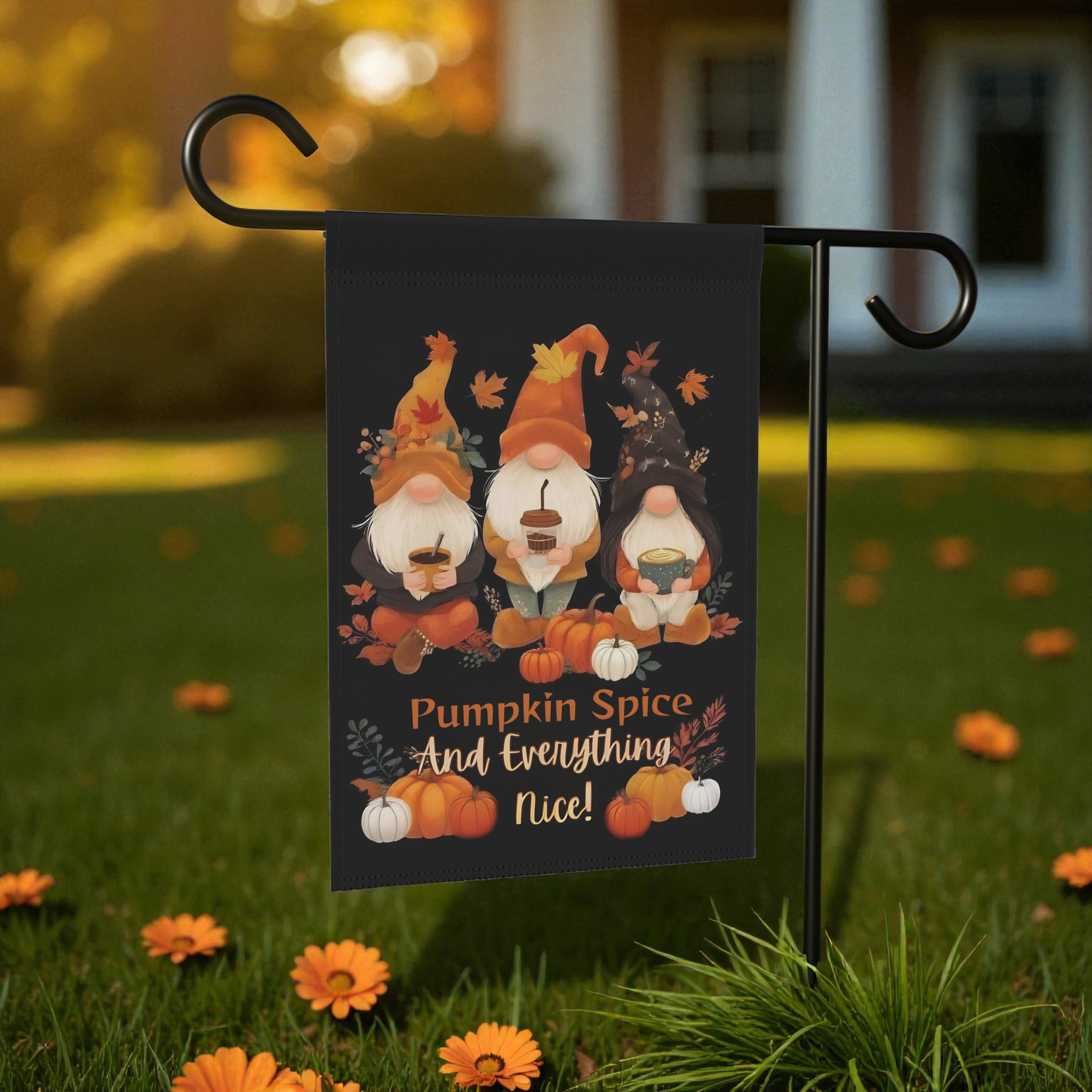 Pumpkin Spice Gnome Garden Flag - banner view - Dragonfire Gardens