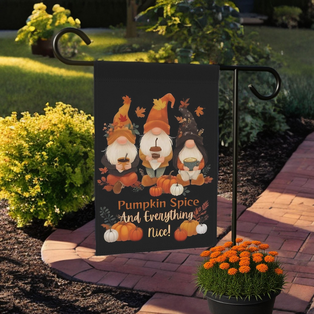 Pumpkin Spice Gnome Garden Flag - product detail - Dragonfire Gardens