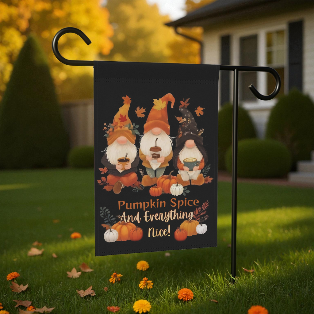 Pumpkin Spice Gnome Garden Flag - front view - Dragonfire Gardens