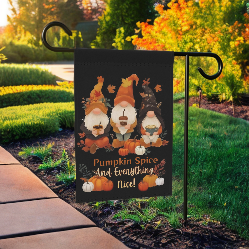 Pumpkin Spice Gnome Garden Flag - front view - Dragonfire Gardens