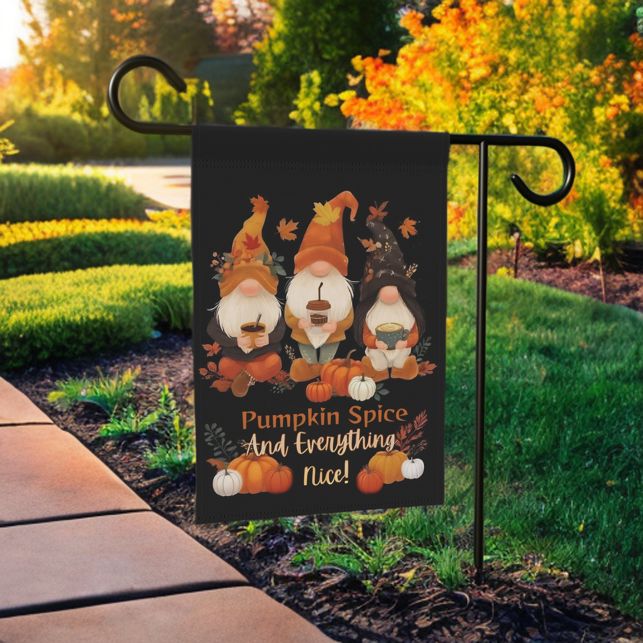 Pumpkin Spice Gnome Garden Flag - front view - Dragonfire Gardens