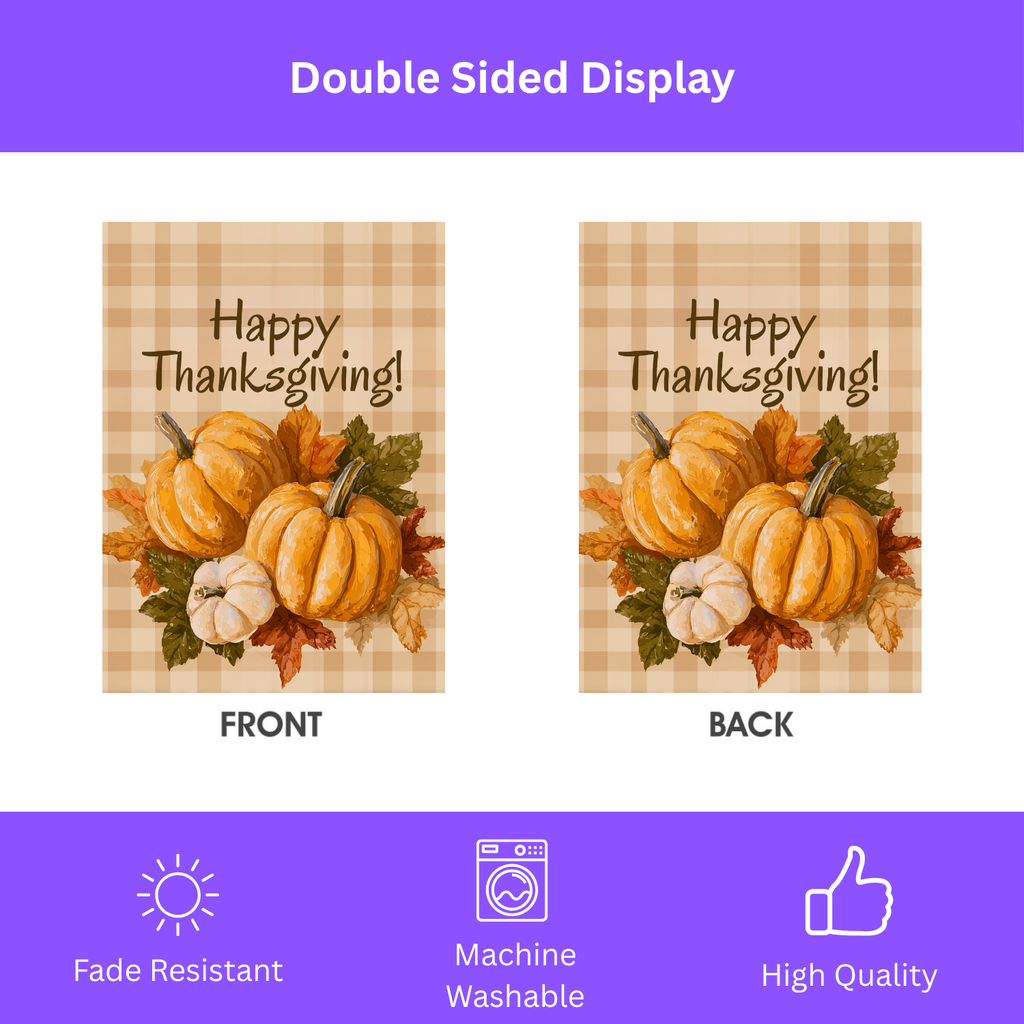 Three Pumpkins and Leaves Thanksgiving Garden Flag - double-sided design - Dragonfire Gardens