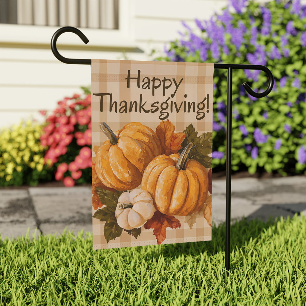 Three Pumpkins and Leaves Thanksgiving Garden Flag - outdoor display - Dragonfire Gardens