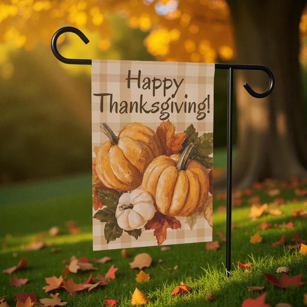 Three Pumpkins and Leaves Thanksgiving Garden Flag - product detail - Dragonfire Gardens