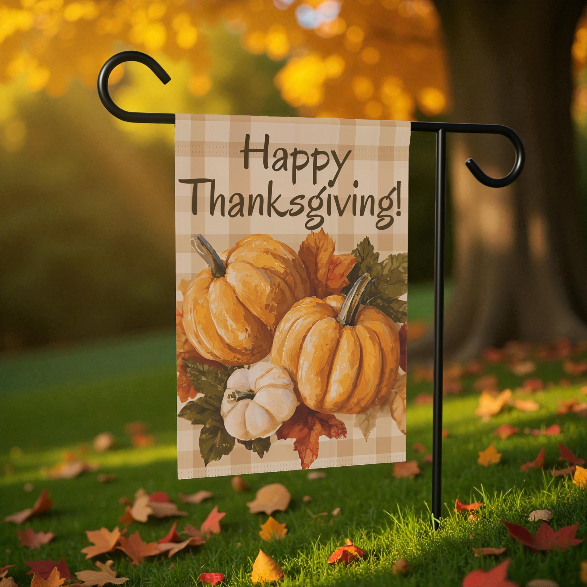 Three Pumpkins and Leaves Thanksgiving Garden Flag - product detail - Dragonfire Gardens