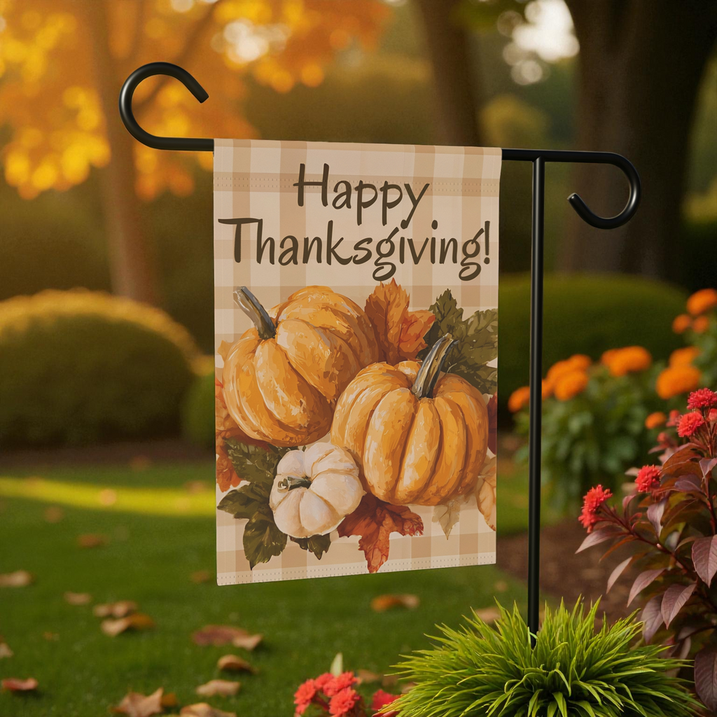 Three Pumpkins and Leaves Thanksgiving Garden Flag - front view - Dragonfire Gardens