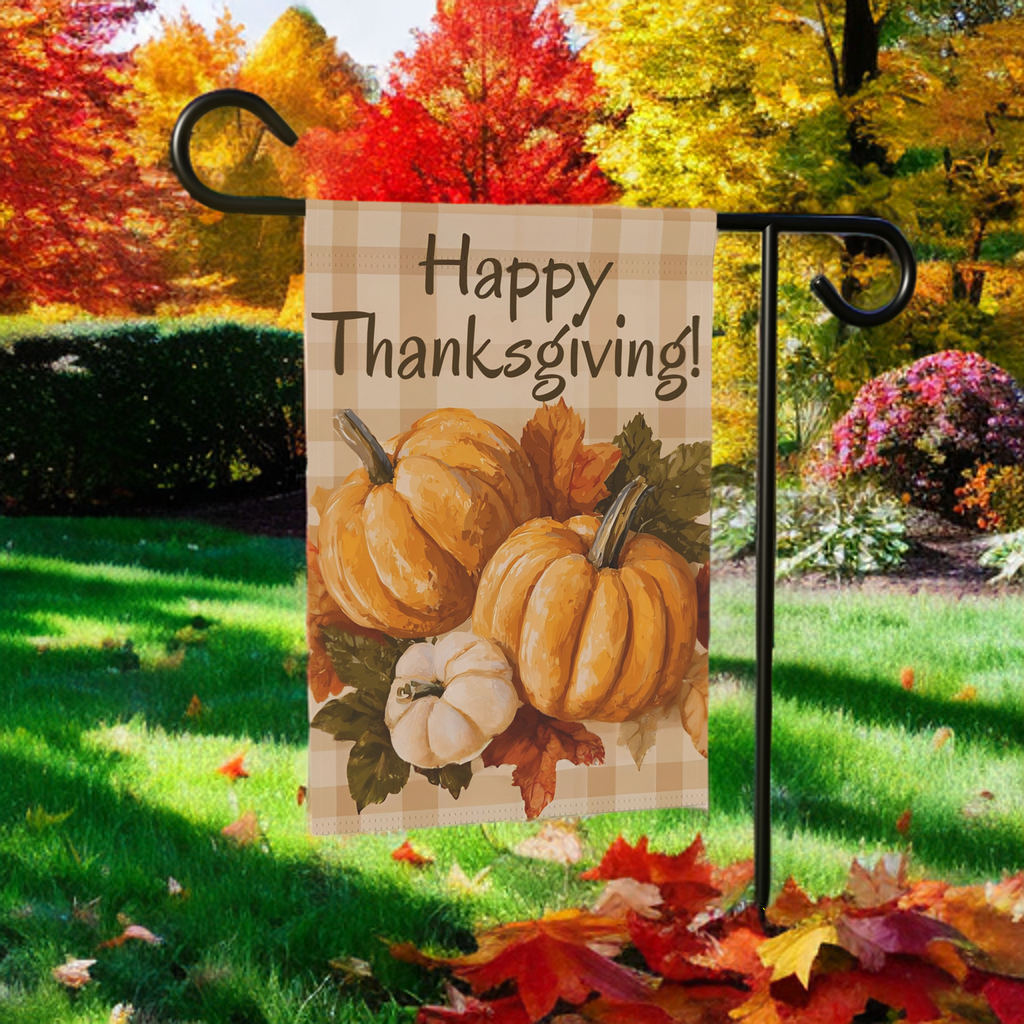 Three Pumpkins and Leaves Thanksgiving Garden Flag - lifestyle display - Dragonfire Gardens