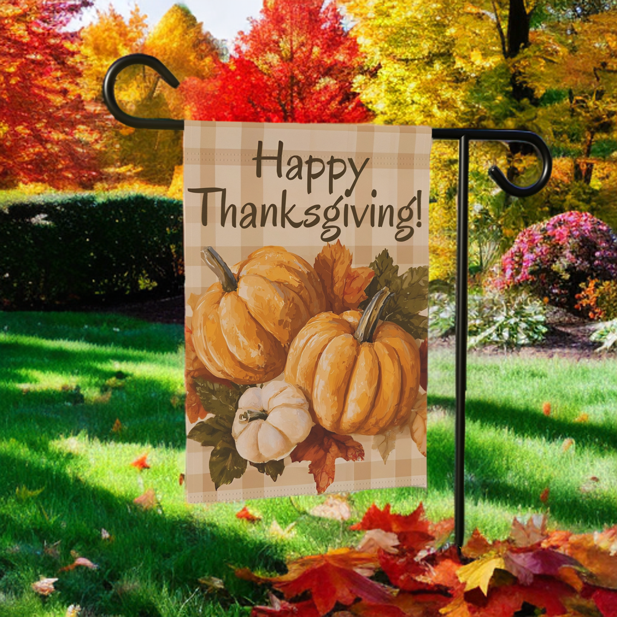Three Pumpkins and Leaves Thanksgiving Garden Flag - lifestyle display - Dragonfire Gardens