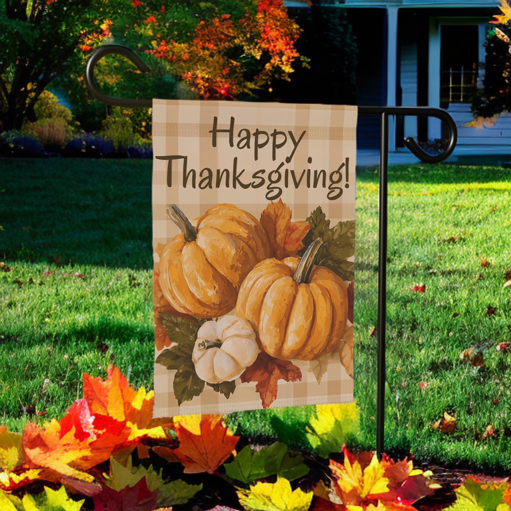 Three Pumpkins and Leaves Thanksgiving Garden Flag - size comparison - Dragonfire Gardens