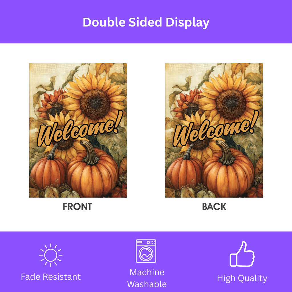 Sunflowers and Pumpkins Welcome Garden Flag - double-sided design - Dragonfire Gardens