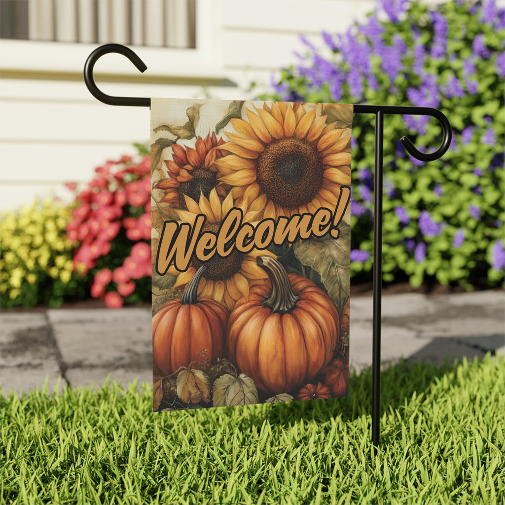Sunflowers and Pumpkins Welcome Garden Flag - outdoor display - Dragonfire Gardens