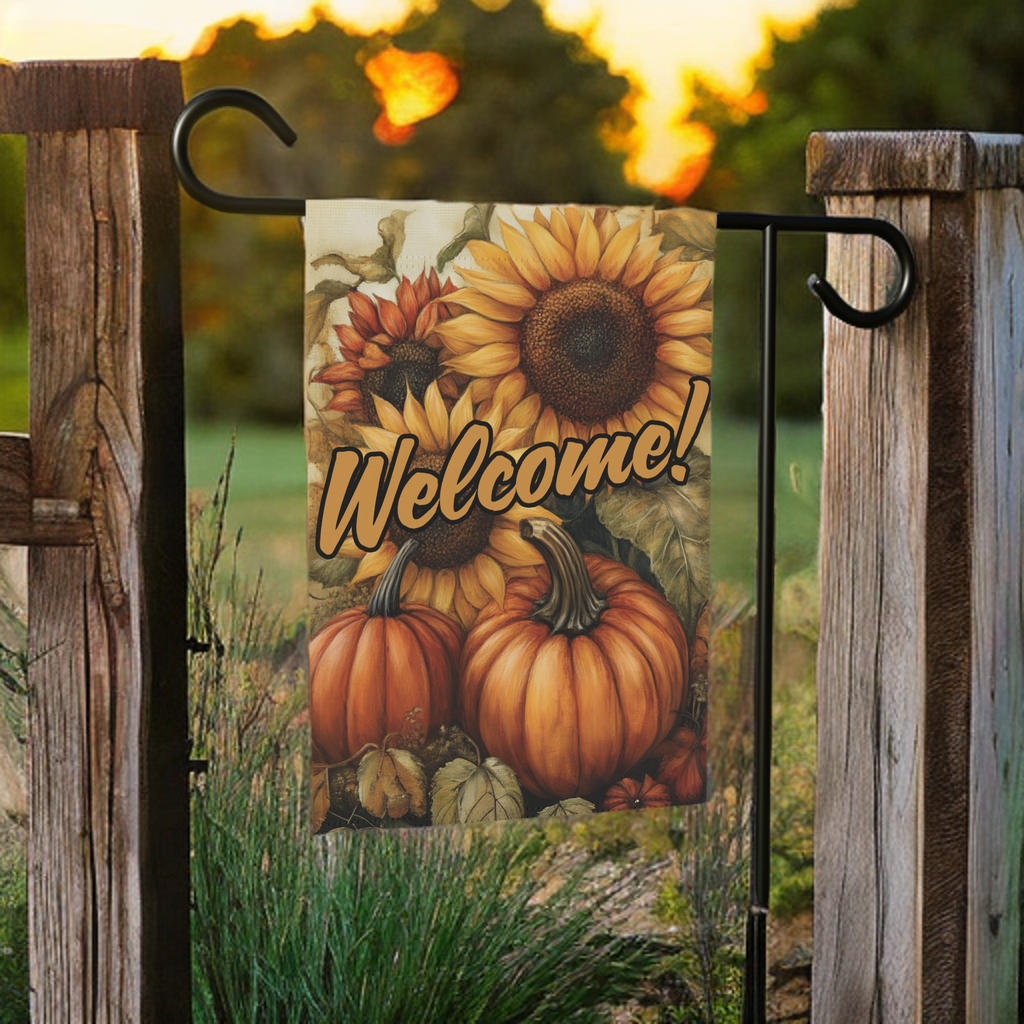 Sunflowers and Pumpkins Welcome Garden Flag - lifestyle display - Dragonfire Gardens
