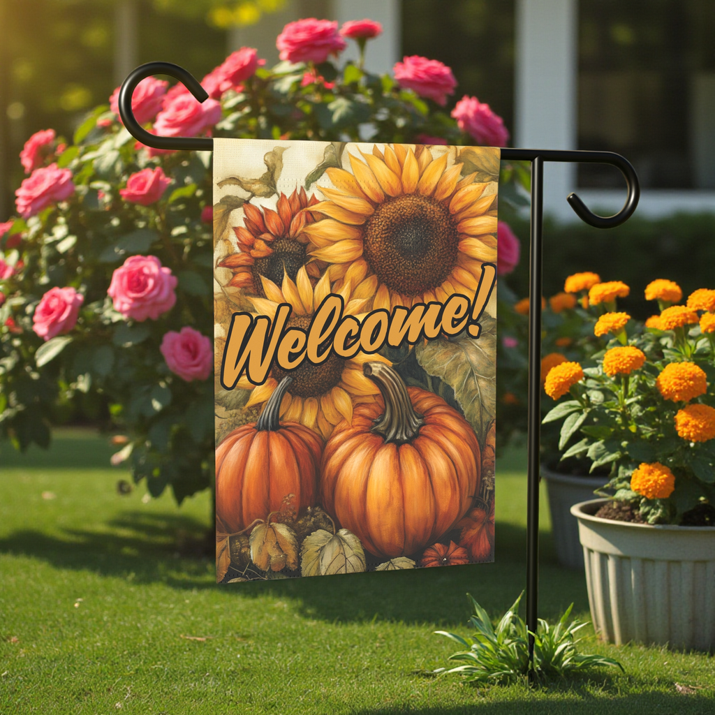 Sunflowers and Pumpkins Welcome Garden Flag - front view - Dragonfire Gardens